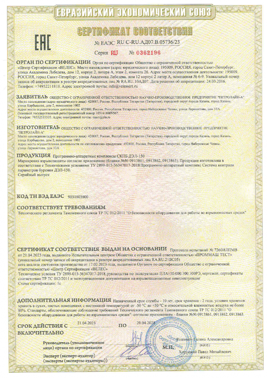 Сертификат взрывозащиты СКПБ ДЭЛ-150
